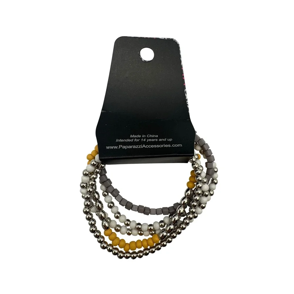 Paparazzi Adventure is Calling Silver Grey Yellow Beaded Stretch Bracelet Set - Picture 2 of 3